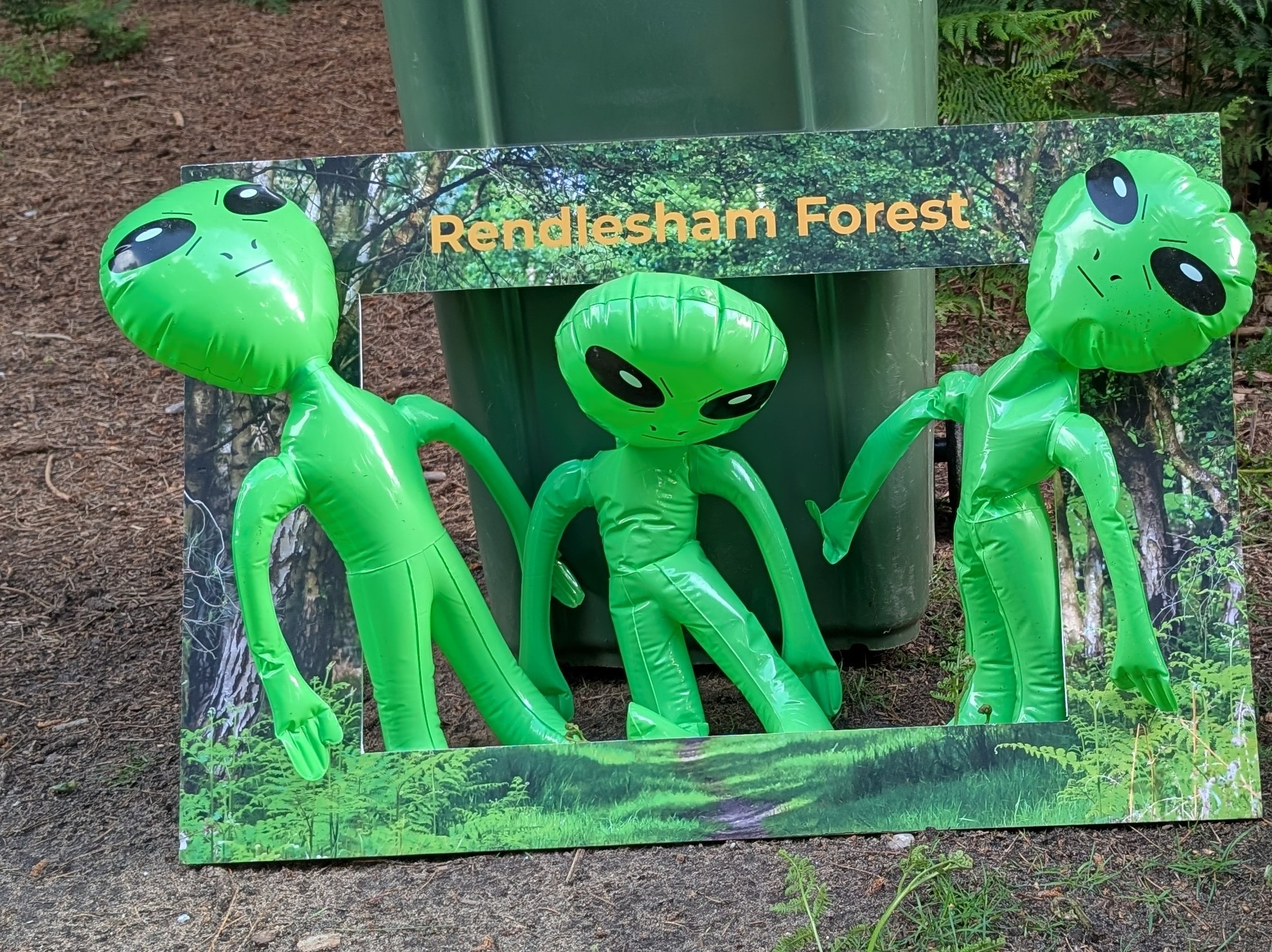 Three inflatable aliens posing in a Rendlesham Forest picture frame